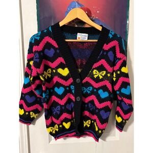 R J Pumpkin 80s 90s Geometric Heart Bow Pattern Cardigan Sweater MISSING button